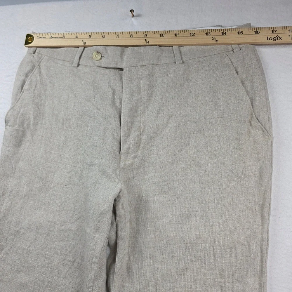 Bespoke StudioSuits Trousers Men 33x31 Beige Linen Handcrafted Flat Front